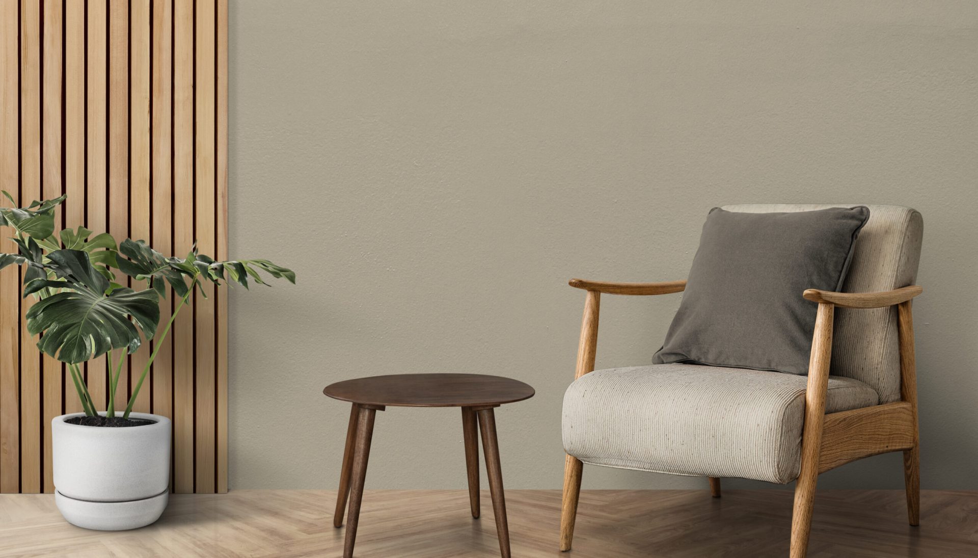 Mid-century modern living room interior design with monstera tree